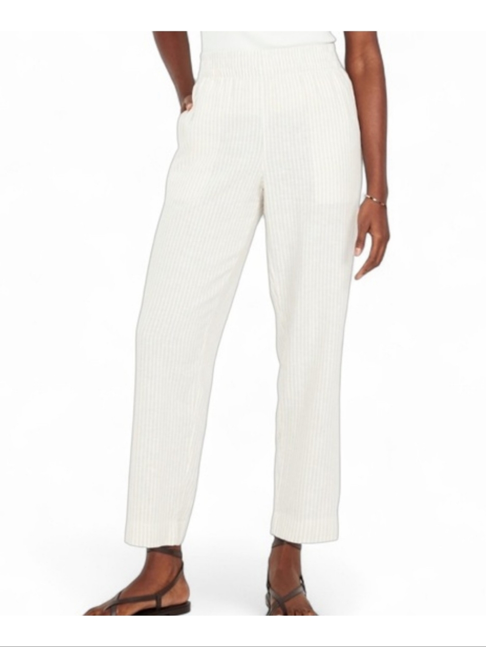 Old Navy High Waist Linen Blend Straight Leg Ankle Pants Tan & White Size L